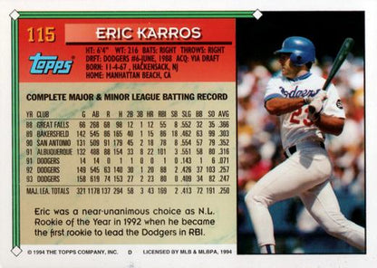 1994 Topps Eric Karros # 115 Los Angeles Dodgers
