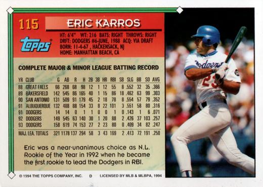 1994 Topps Eric Karros # 115 Los Angeles Dodgers