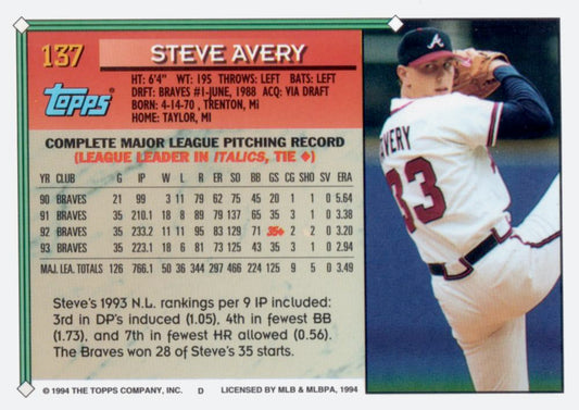 1994 Topps Steve Avery # 137 Atlanta Braves