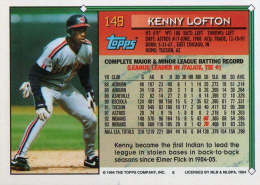 1994 Topps Kenny Lofton # 149 Cleveland Indians