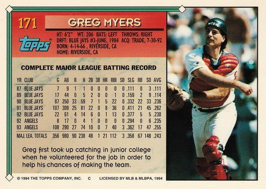 1994 Topps Greg Myers # 171 California Angels