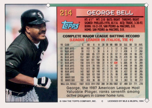 1994 Topps George Bell # 214 Chicago White Sox