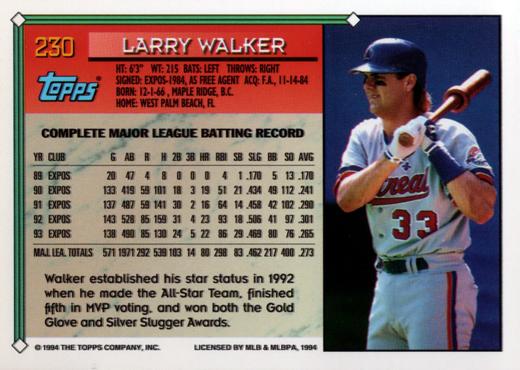 1994 Topps Larry Walker # 230 Montreal Expos