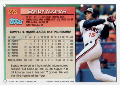1994 Topps Sandy Alomar # 273 Cleveland Indians