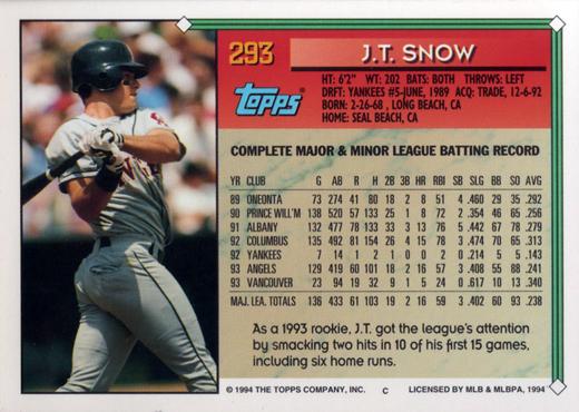 1994 Topps J.T. Snow ASR # 293 California Angels