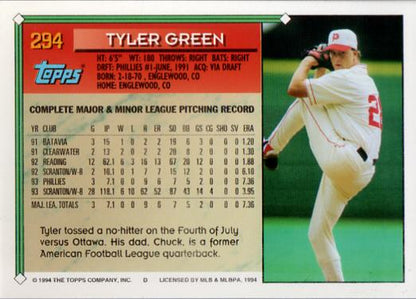 1994 Topps Tyler Green UER # 294 Philadelphia Phillies