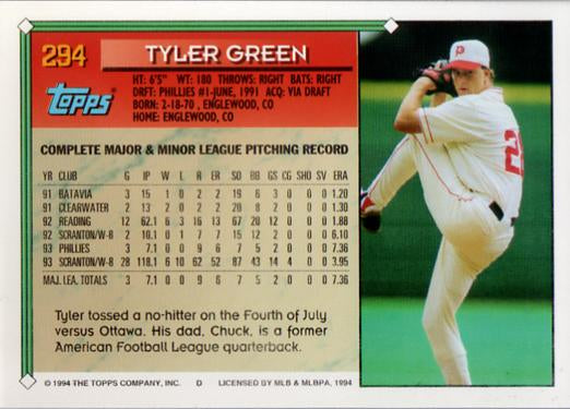 1994 Topps Tyler Green UER # 294 Philadelphia Phillies
