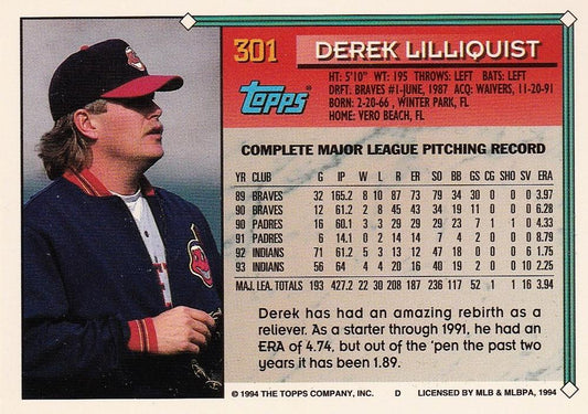 1994 Topps Derek Lilliquist # 301 Cleveland Indians
