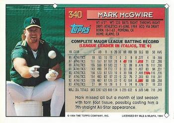 1994 Topps Mark McGwire # 340 Oakland Athletics