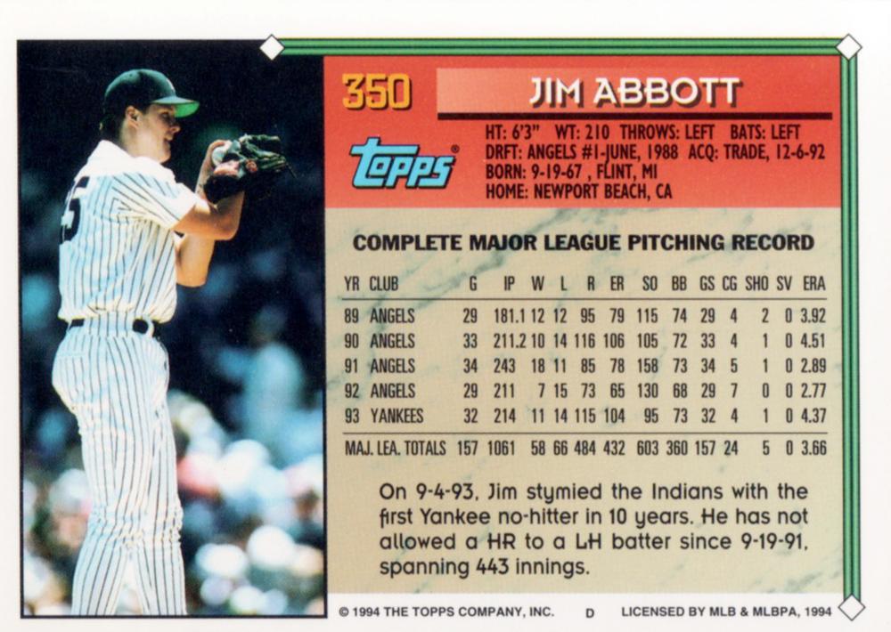 1994 Topps Jim Abbott # 350 New York Yankees