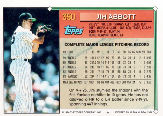 1994 Topps Jim Abbott # 350 New York Yankees