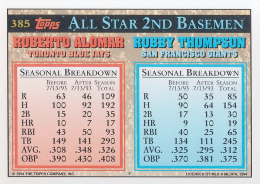 1994 Topps Robby Thompson / Roberto Alomar AS # 385 San Francisco Giants / Toronto Blue Jays