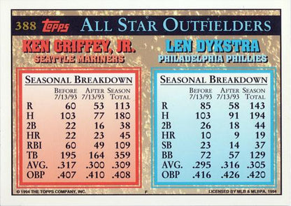 1994 Topps Len Dykstra / Ken Griffey, Jr. AS # 388 Philadelphia Phillies / Seattle Mariners