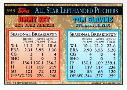 1994 Topps Tom Glavine / Jimmy Key AS # 393 Atlanta Braves / New York Yankees