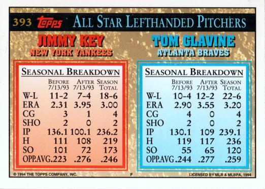 1994 Topps Tom Glavine / Jimmy Key AS # 393 Atlanta Braves / New York Yankees