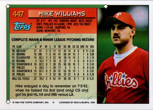 1994 Topps Mike Williams # 447 Philadelphia Phillies