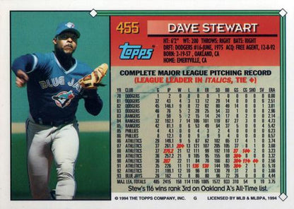 1994 Topps Dave Stewart # 455 Toronto Blue Jays