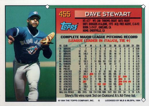 1994 Topps Dave Stewart # 455 Toronto Blue Jays