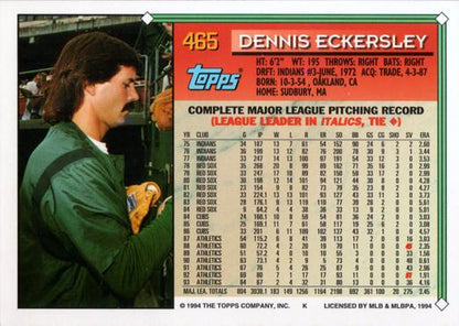 1994 Topps Dennis Eckersley # 465 Oakland Athletics