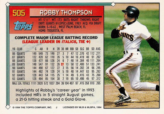 1994 Topps Robby Thompson # 505 San Francisco Giants