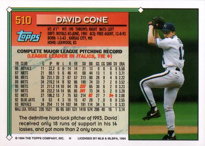 1994 Topps David Cone # 510 Kansas City Royals