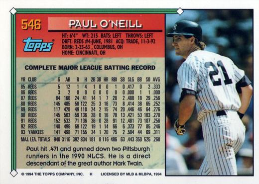1994 Topps Paul O'Neill # 546 New York Yankees