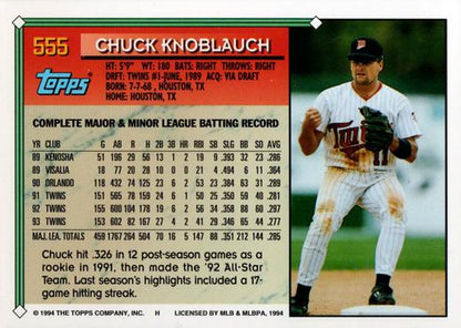 1994 Topps Chuck Knoblauch # 555 Minnesota Twins