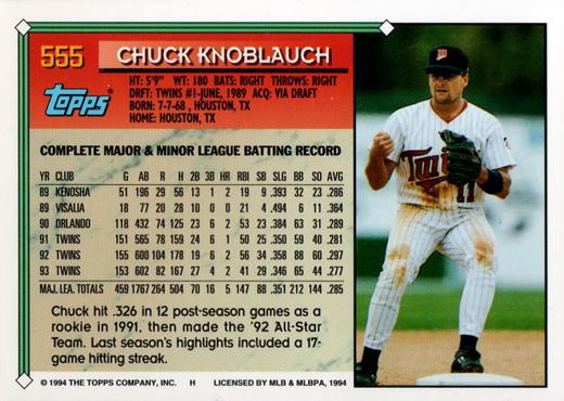 1994 Topps Chuck Knoblauch # 555 Minnesota Twins
