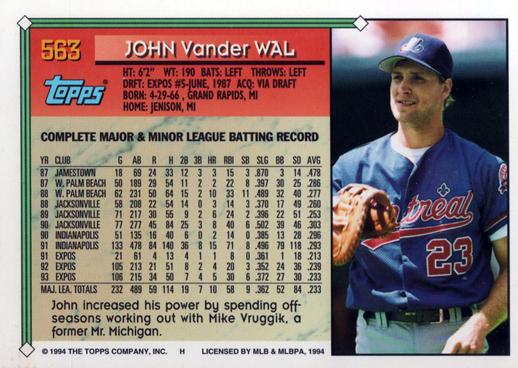 1994 Topps John Vander Wal # 563 Montreal Expos