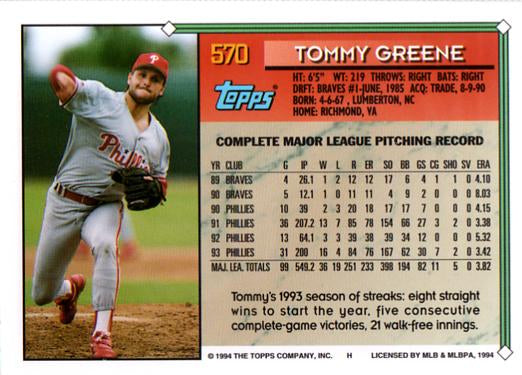 1994 Topps Tommy Greene # 570 Philadelphia Phillies