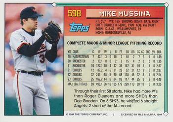 1994 Topps Mike Mussina # 598 Baltimore Orioles