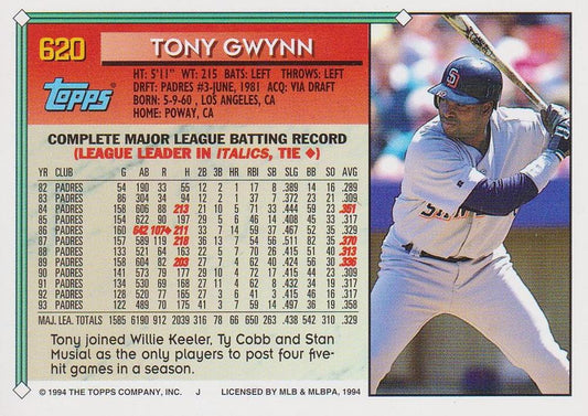 1994 Topps Tony Gwynn # 620 San Diego Padres