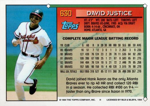 1994 Topps David Justice # 630 Atlanta Braves