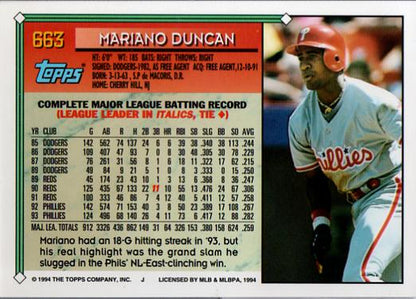 1994 Topps Mariano Duncan # 663 Philadelphia Phillies