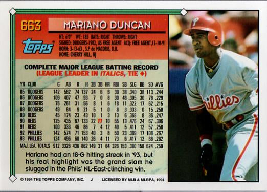 1994 Topps Mariano Duncan # 663 Philadelphia Phillies