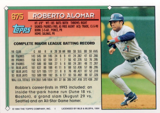 1994 Topps Roberto Alomar # 675 Toronto Blue Jays