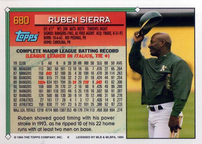 1994 Topps Ruben Sierra # 680 Oakland Athletics