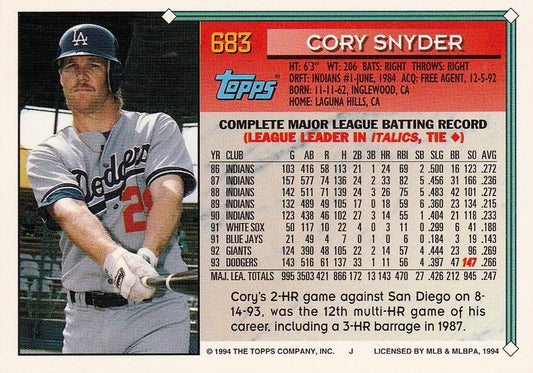 1994 Topps Cory Snyder # 683 Los Angeles Dodgers
