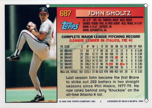 1994 Topps John Smoltz UER # 687 Atlanta Braves