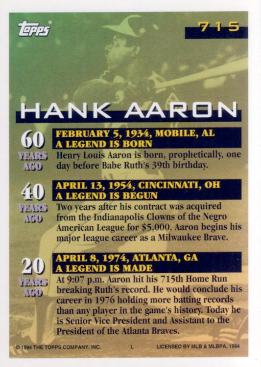 1994 Topps Hank Aaron # 715 Atlanta Braves