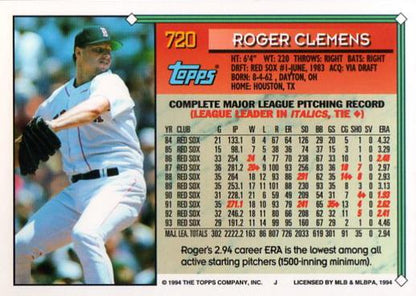 1994 Topps Roger Clemens # 720 Boston Red Sox