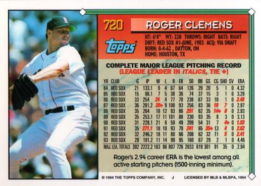 1994 Topps Roger Clemens # 720 Boston Red Sox