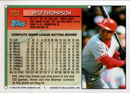 1994 Topps Milt Thompson # 722 Philadelphia Phillies