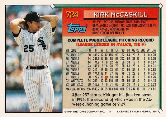 1994 Topps Kirk McCaskill # 724 Chicago White Sox