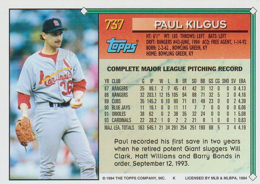 1994 Topps Paul Kilgus # 737 St. Louis Cardinals