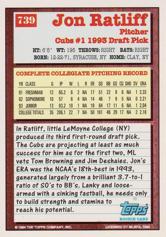 1994 Topps Jon Ratliff DPK, RC # 739 Chicago Cubs
