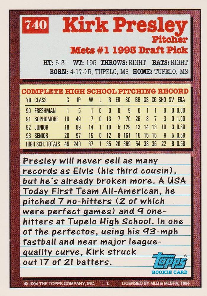 1994 Topps Kirk Presley DPK, RC # 740 New York Mets