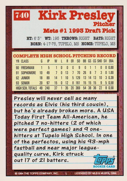 1994 Topps Kirk Presley DPK, RC # 740 New York Mets