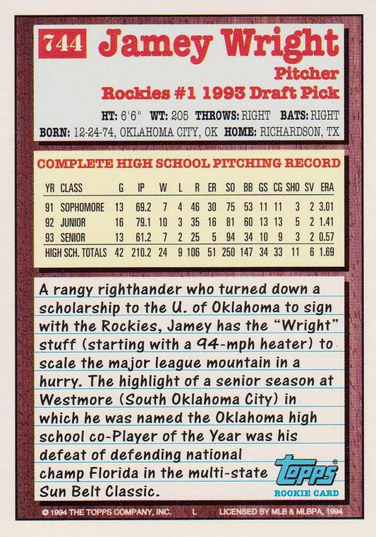 1994 Topps Jamey Wright DPK, RC # 744 Colorado Rockies