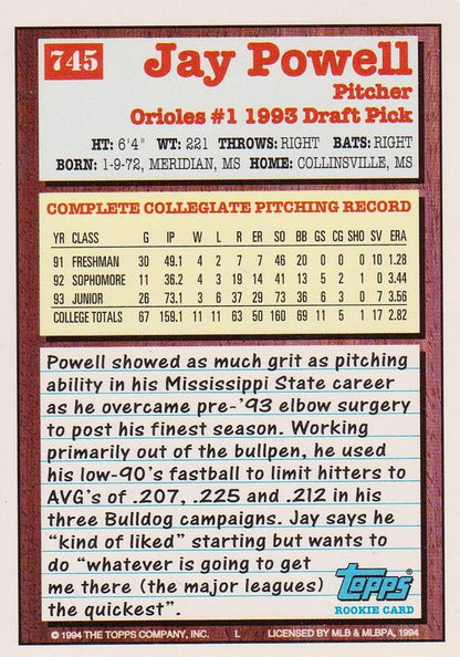 1994 Topps Jay Powell DPK, RC # 745 Baltimore Orioles